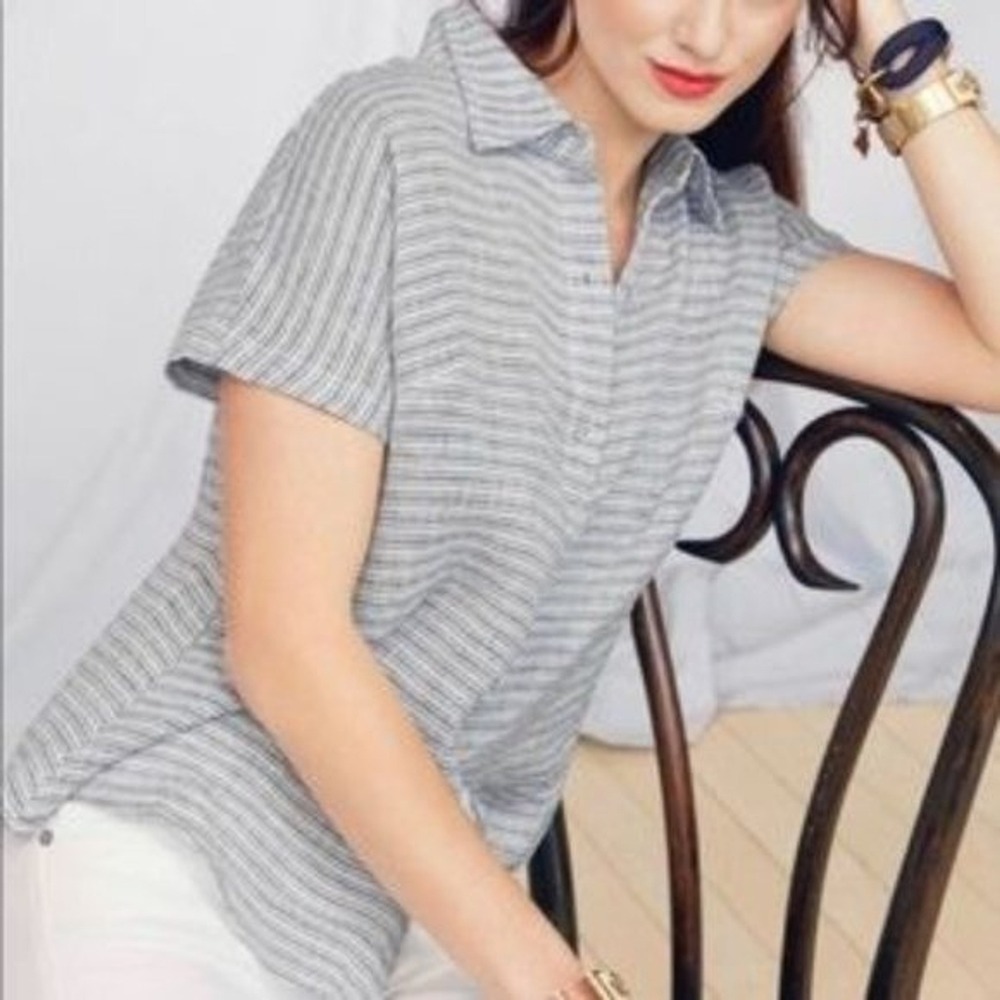 Cabi Coastline Top 5257 Gray White Striped Linen Blend Button Front Shirt Small